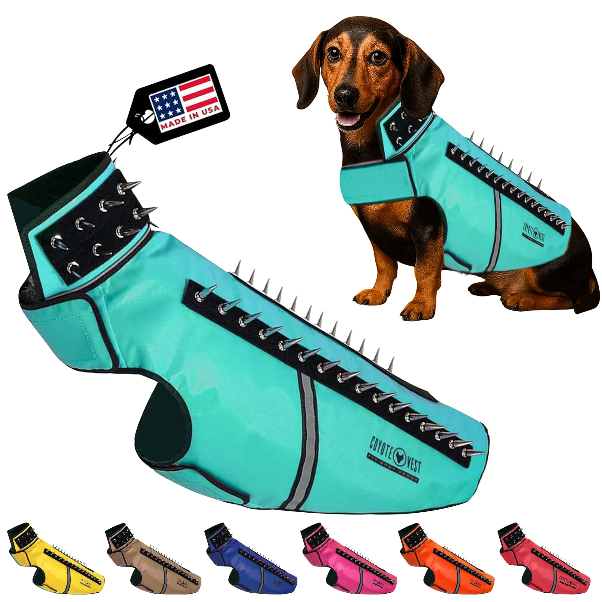 Enhanced CoyoteVest SpikeVest Dog Harness for Small Dogs – Reflective Spiked Protection Made in USA L-Turquoise Reliable
