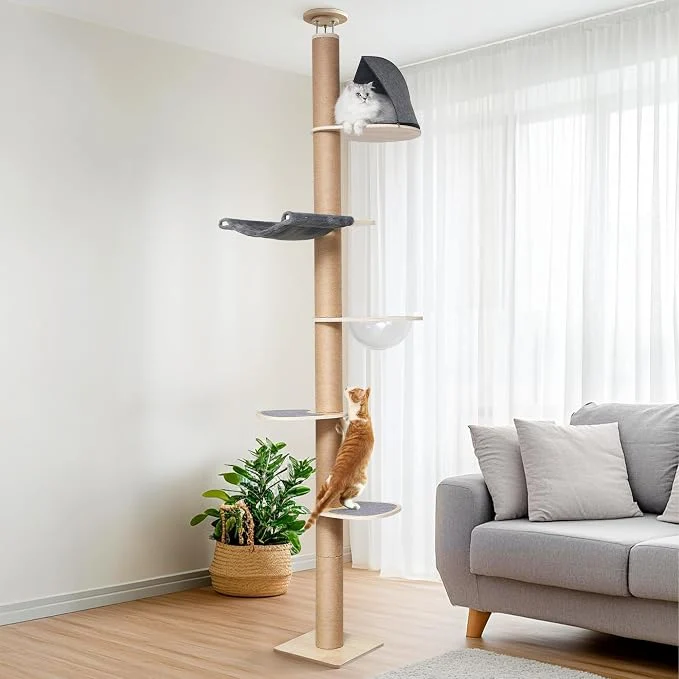 First-Class FUKUMARU Floor to Ceiling Cat Tree 6 Level Adjustable Height Climbing Tower Safe