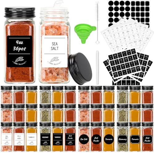 Refined 36 Pack 4oz Glass Spice Jars with Black Metal Caps Shaker Lid 36 Count Dependable