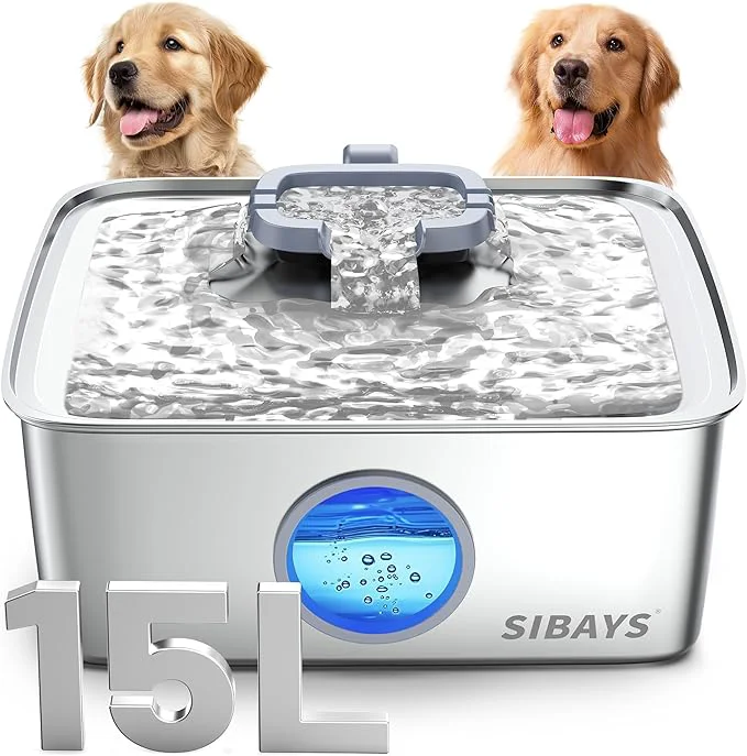 Contemporary SIBAYS 4Gal 15L Dog Water Fountain Stainless Steel Large Capacity Pet Water Fountain with Water Level LED Light Automatic Quiet Dog Water Bowl Dispenser for Large Dogs Multi-Pet Easy to Clean FS79About ThisOverview Lightweight