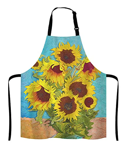 Pure Apron Oil Painting Sunflower Unisex Kitchen Bib with Adjustable Neck for Cooking Gardening Functional