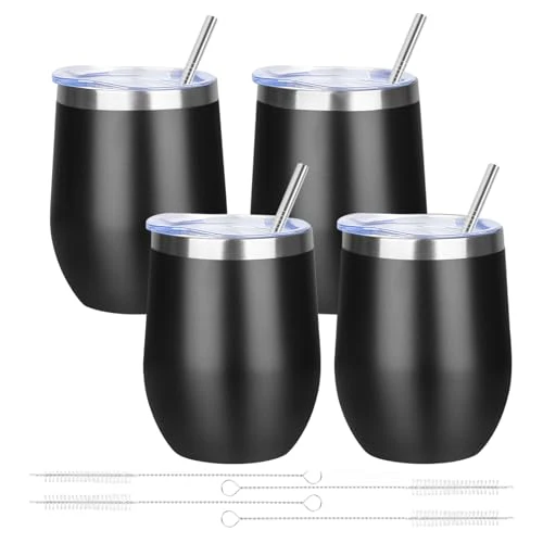 Minimalist 12oz 4 Pack Wine Tumbler Glasses with Lid Stemless Double Wall Vacuum Stainless Steel Travel Tumbler Keeping Cold Hot for Wine Original Design