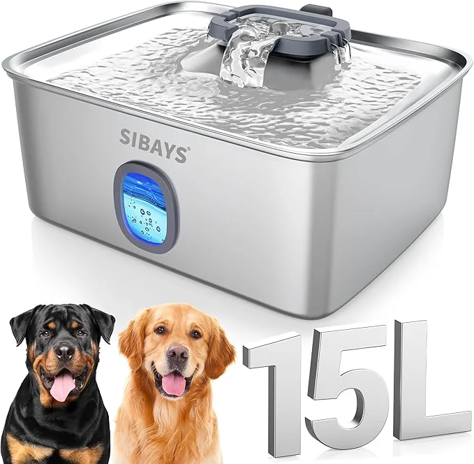 Elegant SIBAYS 4Gal 15L Large Dog Water Fountain Stainless Steel Pet Fountain with Water Window LED Light Ultra Quiet Automatic Dog Water Bowl Dispenser for Large Dogs Multi-pet Easy to Clean FS76About ThisOverview Stylish