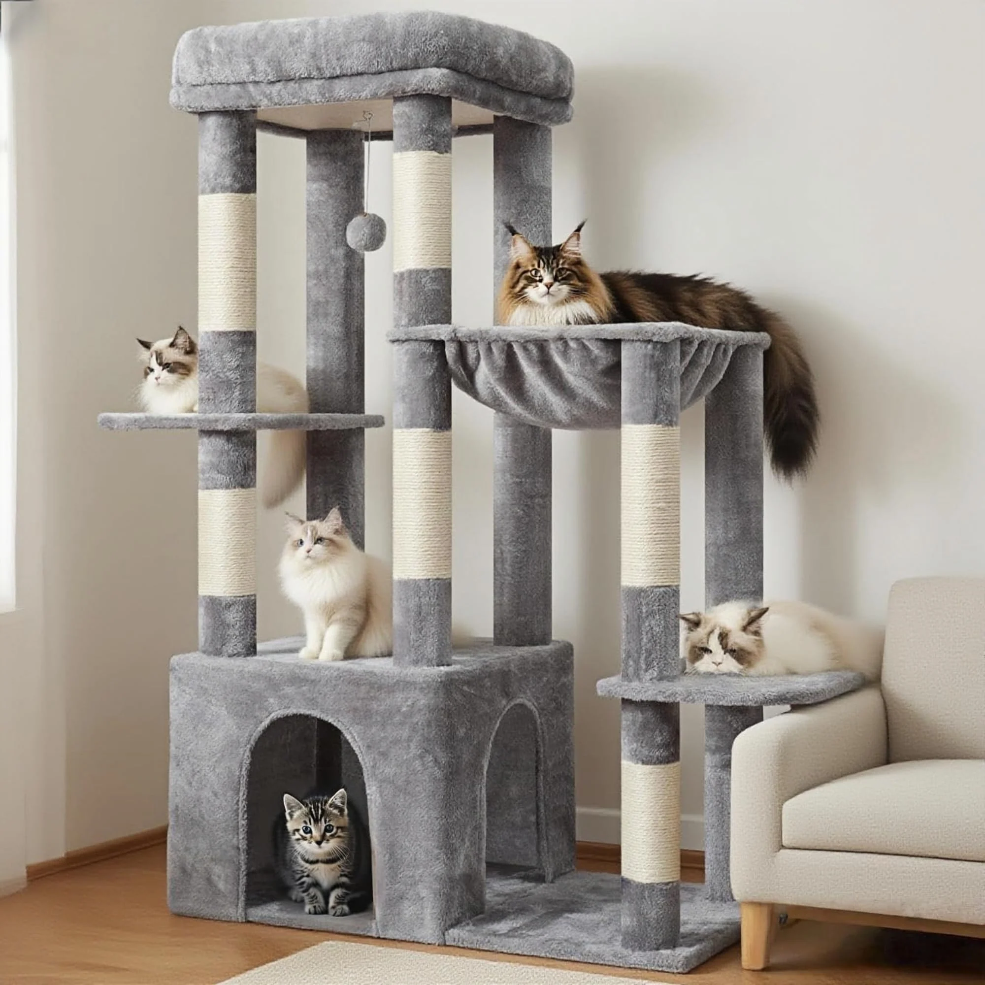 Durable Heybly Heavy Duty Cat Tree HCT026W – Tall Indoor Cat Condo with Extra-Large Baseboard Soft