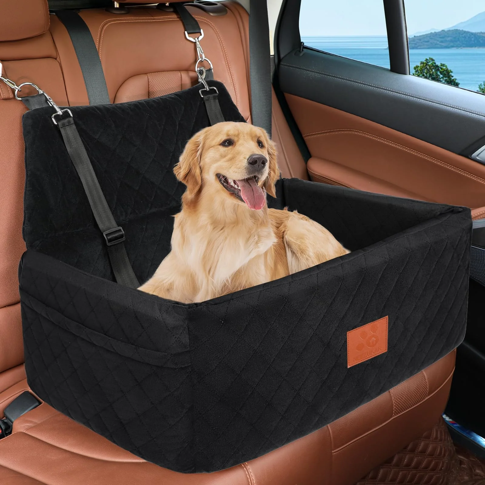 Certified NEEZUKAR Dog Car Seat for Large Medium Dogs — Portable Washable Booster with Thick Cushion Fashionable