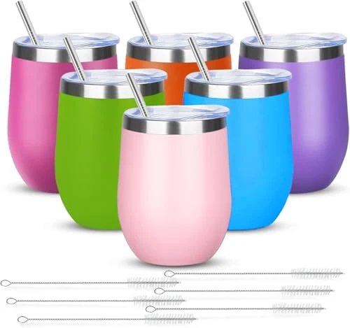 High-Grade 12oz 6 Pack Wine Tumbler Glasses with Lid Stemless Double Wall Vacuum Stainless Steel Travel Tumbler Keeping Cold Hot for Wine 6 Count Carefully Designed