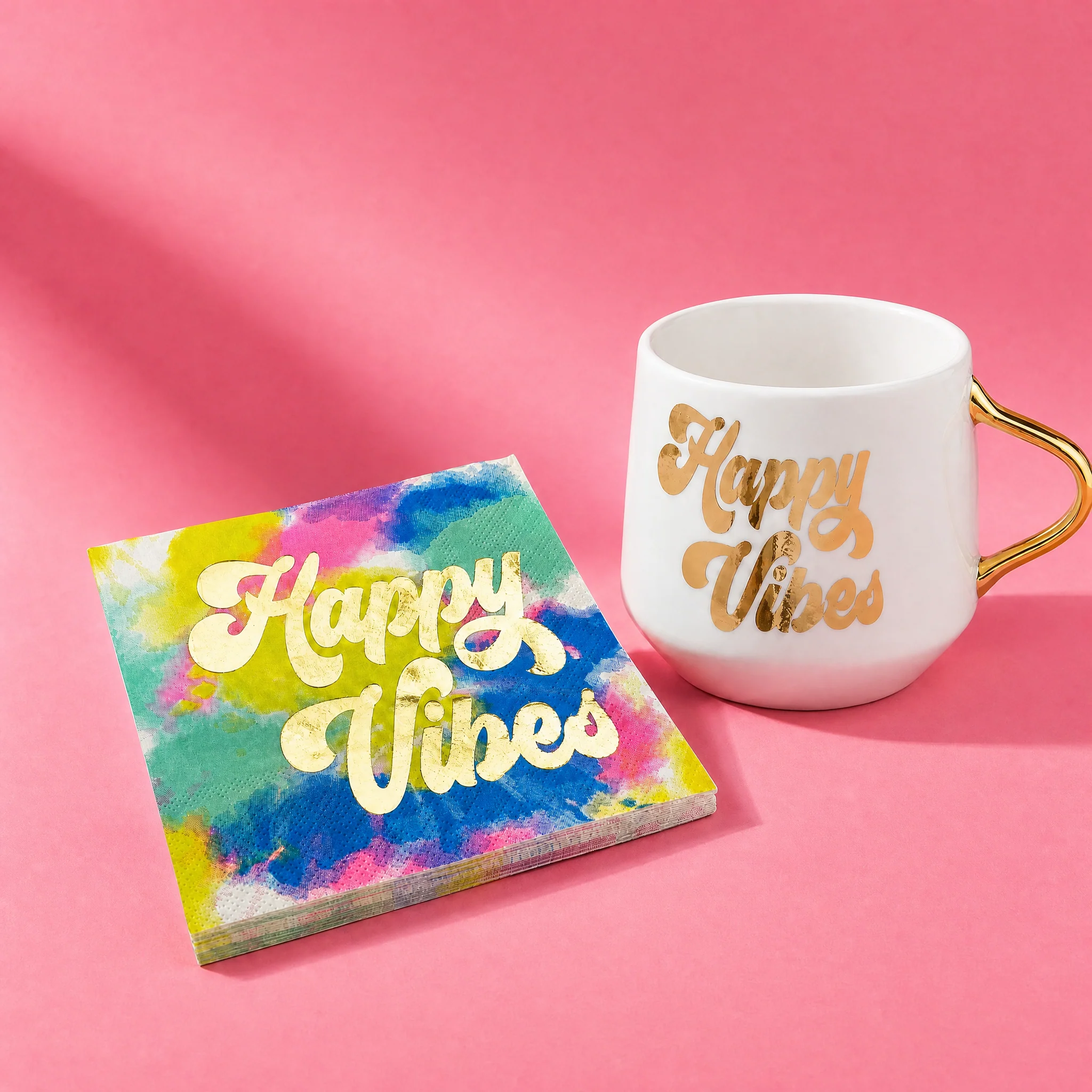 Practical Happy Vibes Coaster Mug and Cocktail Napkin Bundle Giftable Drinkware Set Genuine
