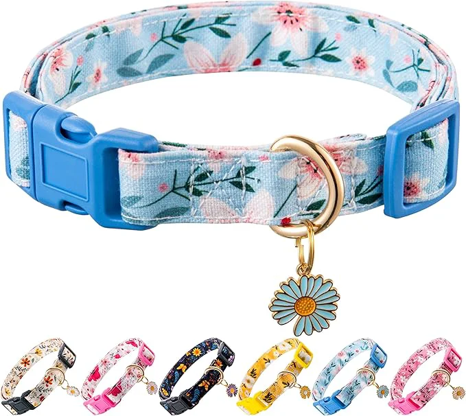 Authentic Cotton Dog Collar Blue Flower Pattern Fine