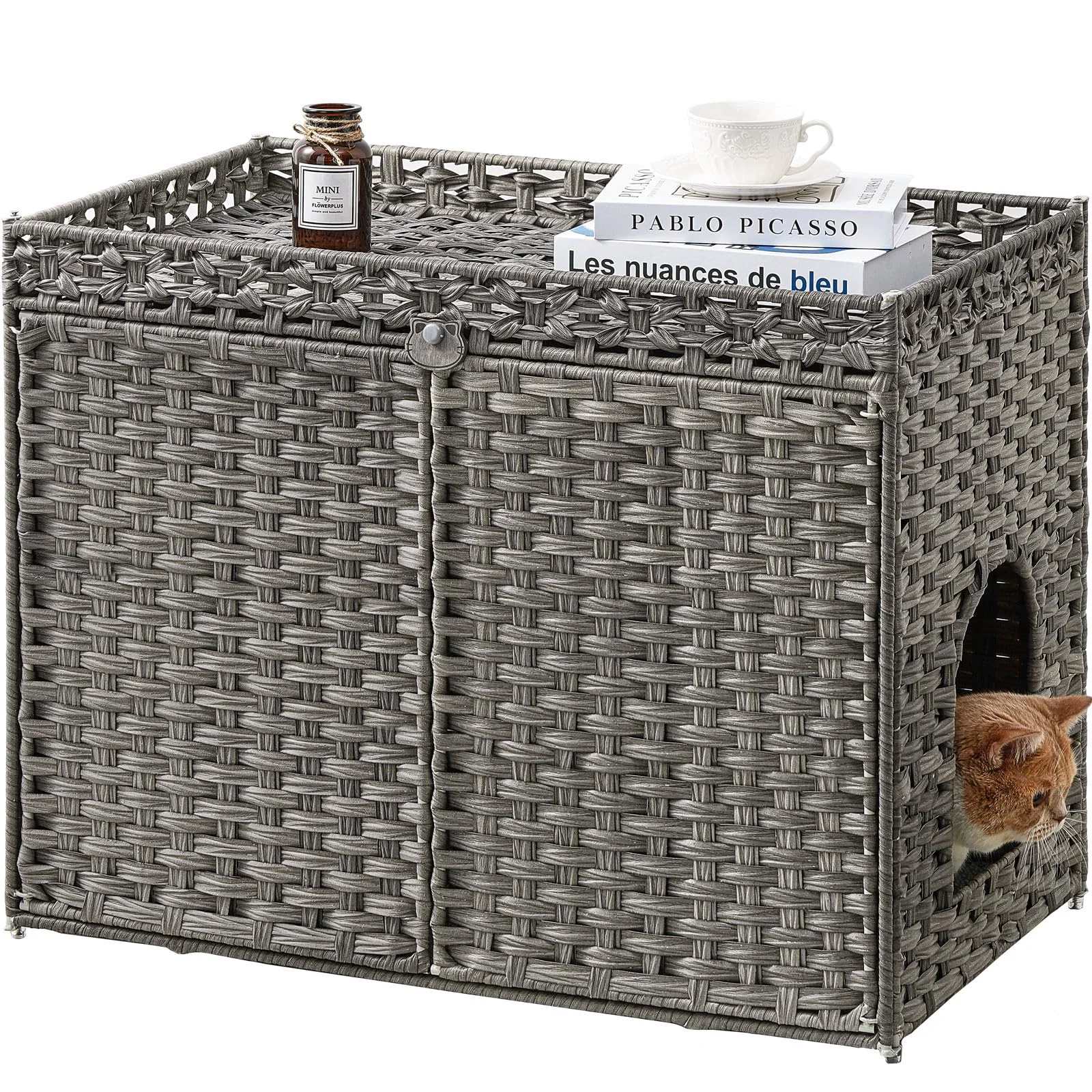World-Class SETON Cat Litter Box Enclosure Furniture Handwoven Rattan Hidden Litter Box with Mat Large Space Cat House Gray 30.3 x 18.3 x 24.4 in Breathable