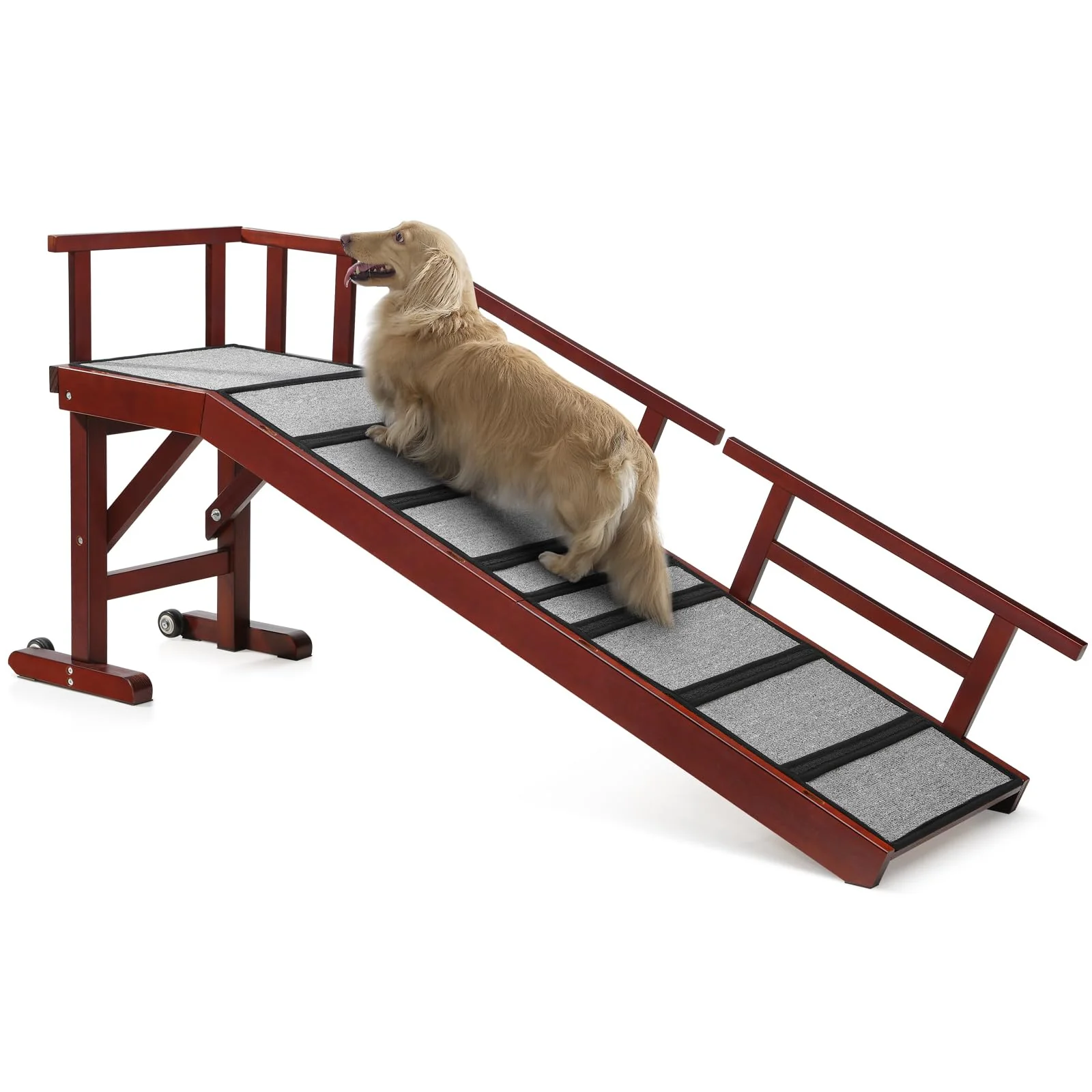 Detailed KUVETO Dog Ramp for Bed or Couch – 60-inch Long 20° Slope Non-Slip Surface Rails Wheels Mahogany Recyclable