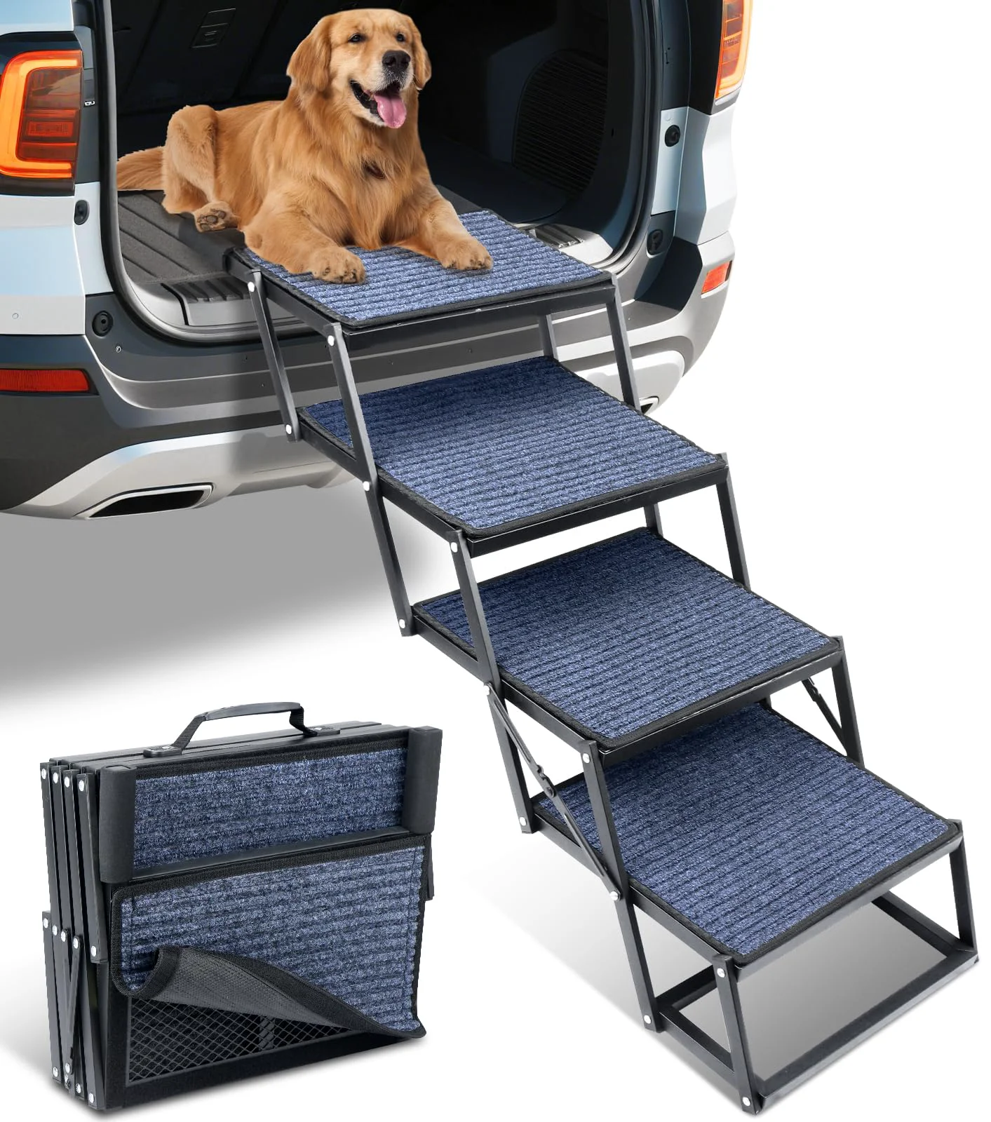 Dependable JTSIOV Dog Stairs for Car – 60”x20” Extra Wide 4-Step Up to 250 LBS User-Friendly