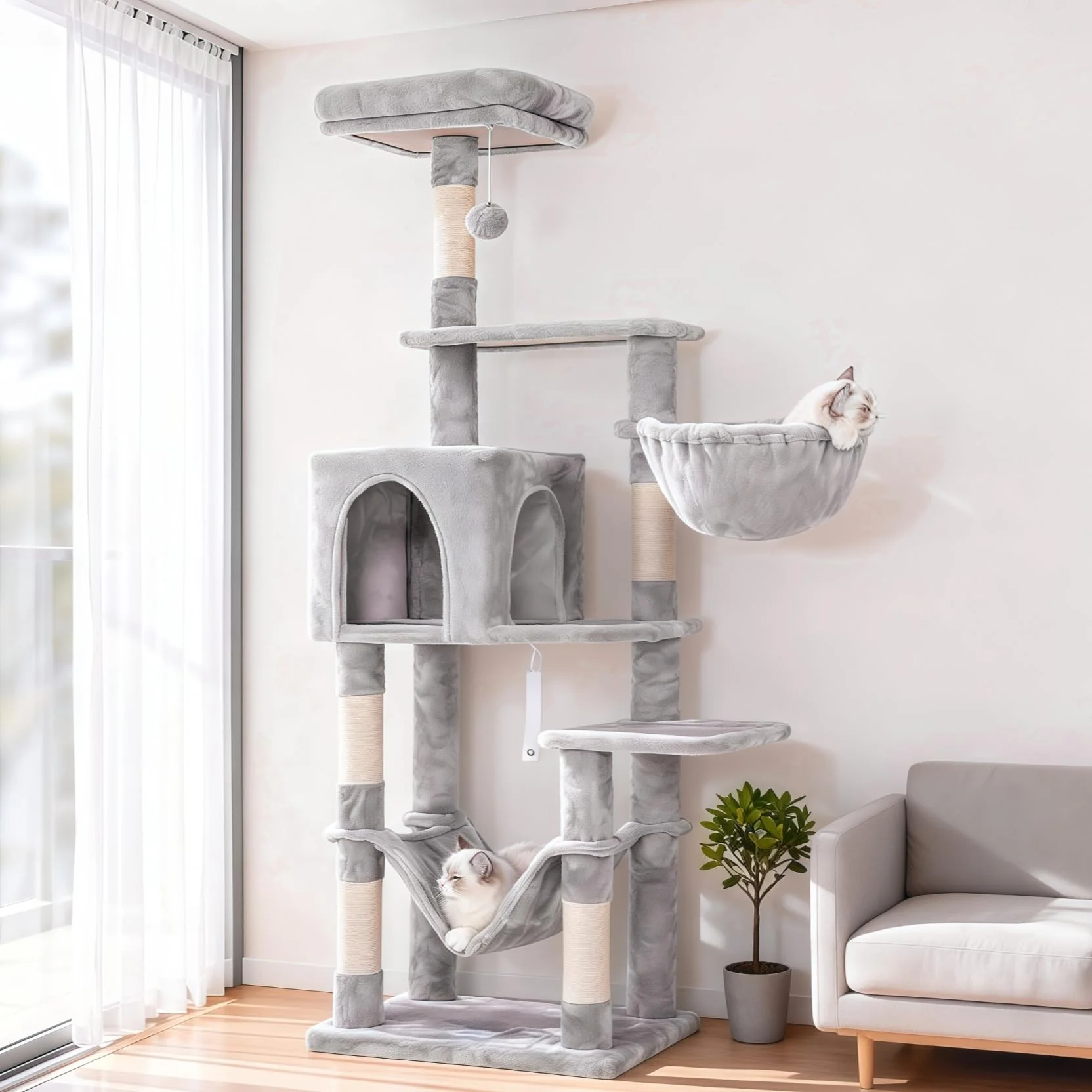 Long-Lasting Hey-brother Cat Tree with Large Hammock — Multi-Level Indoor Cat Tower MPJ050W Carefully Designed