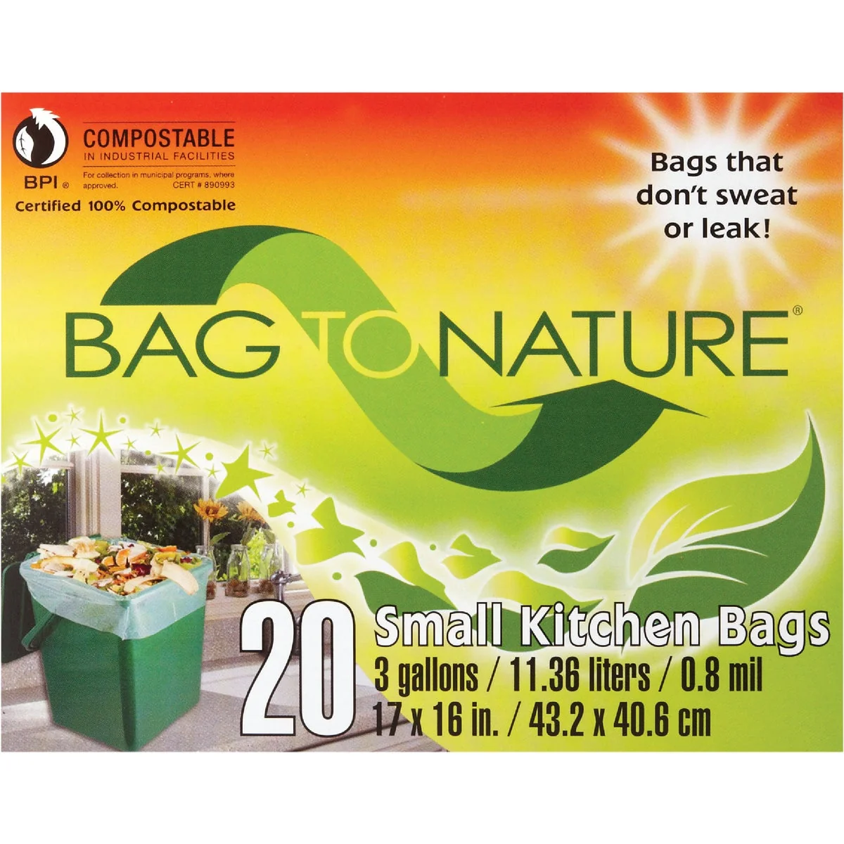 Elite Bag-To-Nature 3 Gal. Compostable Green Trash Bag 20-Count Certified