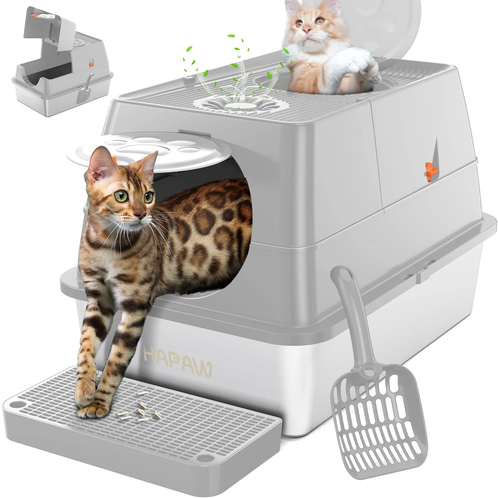 Innovative HAPAW Stainless Steel Litter Box with Lid 135° Flip-Top Dual Entry Smooth