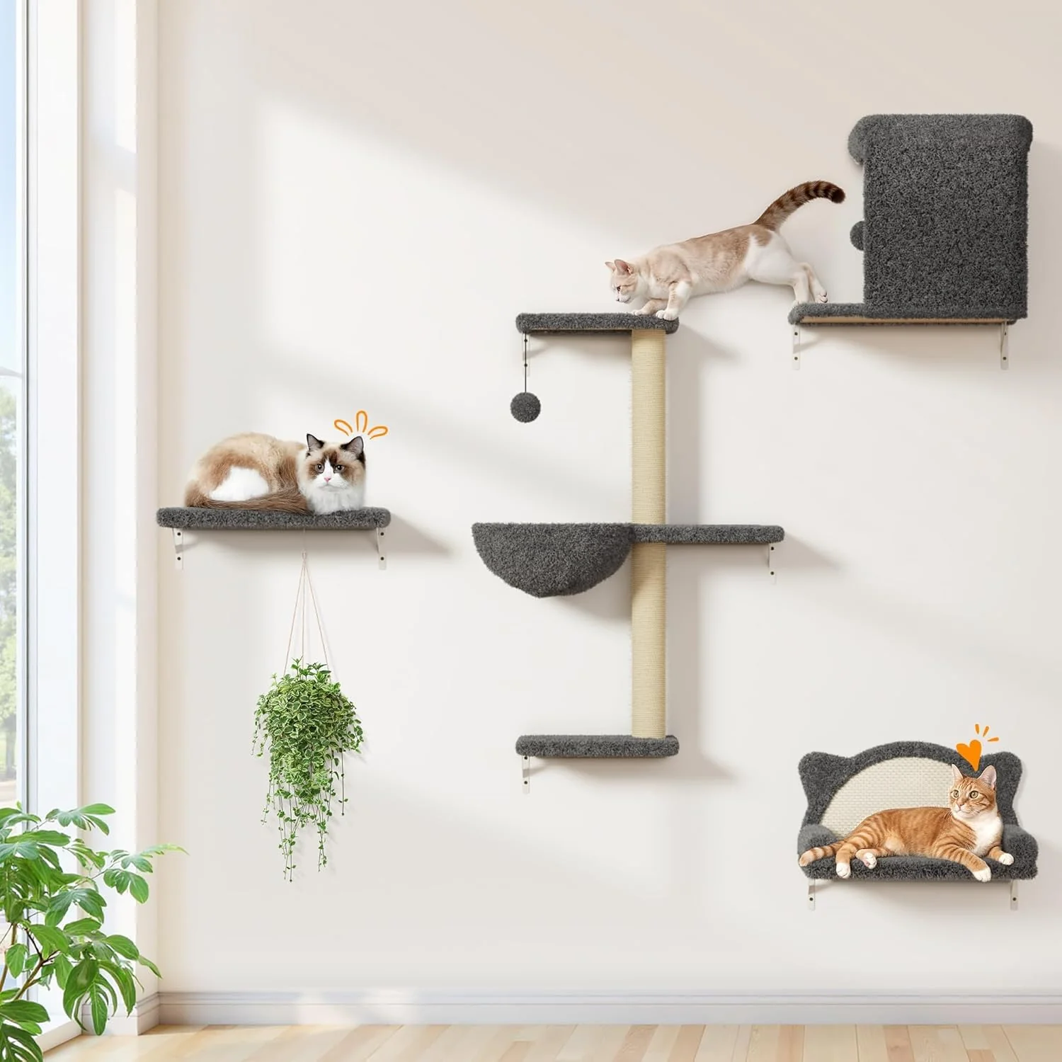 Breathable PLEKER 5-in-1 Cat Wall Shelves – Solid Wood Velvet Sisal Scratcher 44 lbs Max Load Superior
