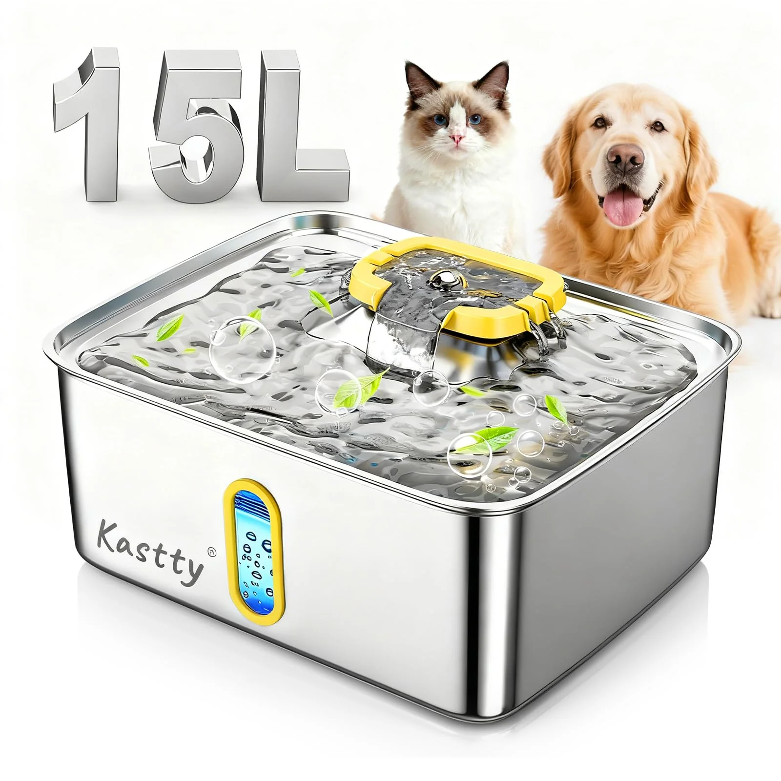 Enhanced Kastty 15L Stainless Steel Dog Water Fountain for Large Dogs — Quiet 5-Layer Filtration Water Level Window LED Light Solid