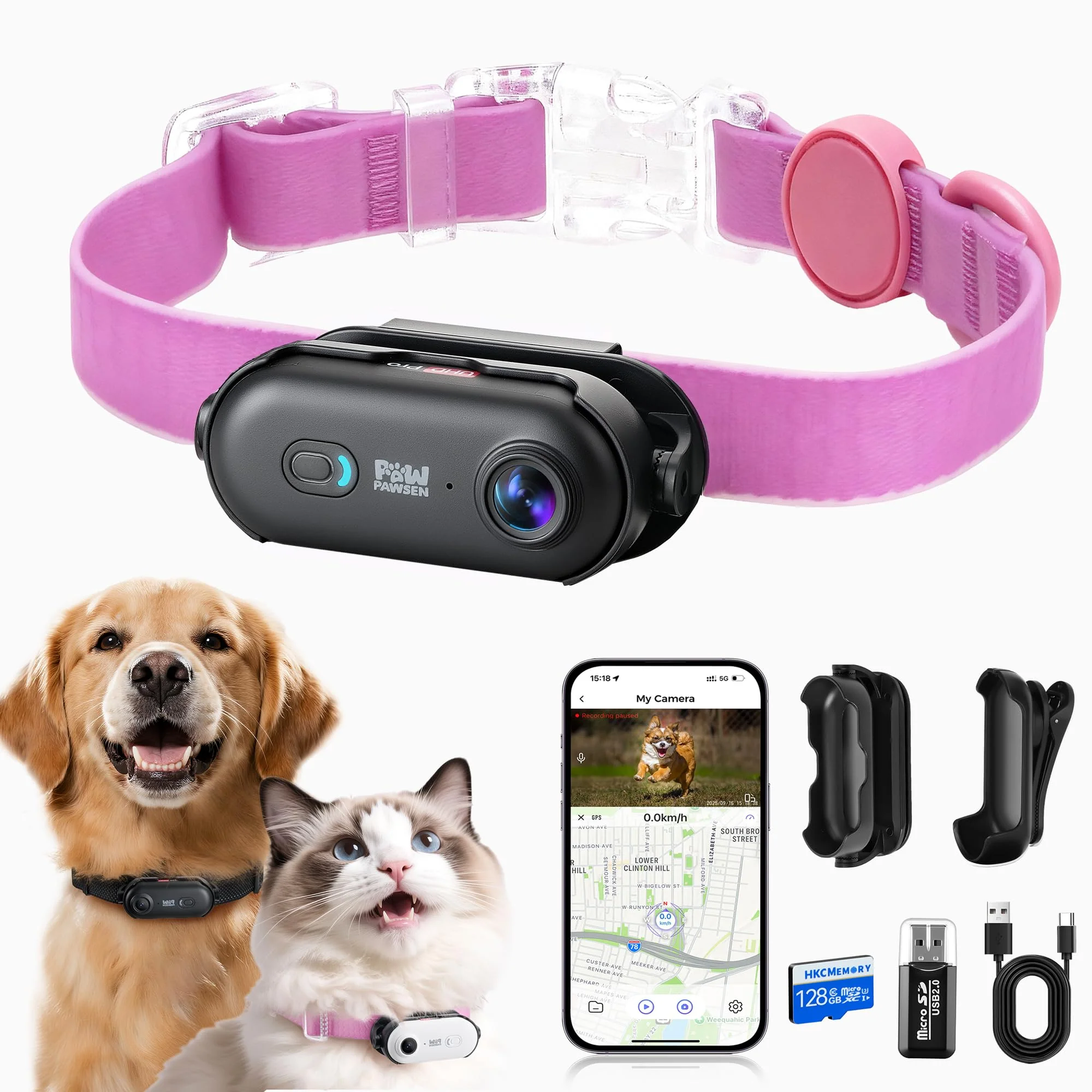 Trusted PAWPAWSEN 4K UHD Dog Cat Pet Camera Collar – Live App View Waterproof Pink Collar M Professional