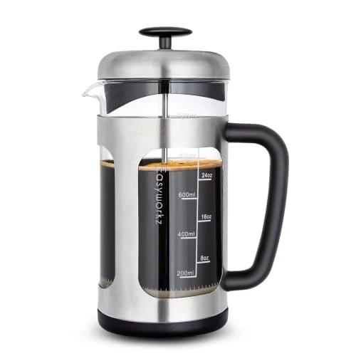 Detailed Stainless Steel French Press 34 oz Coffee Tea Maker with Soft Grip Handle Original Design