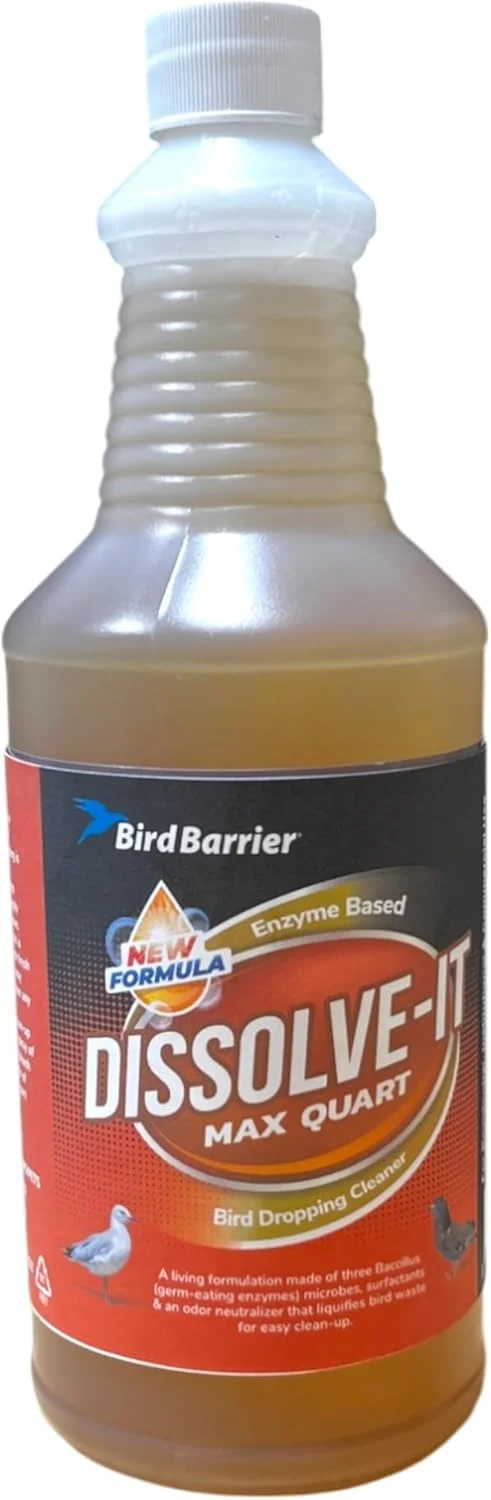 Dependable Bird Barrier Dissolve-It Max Enzyme Cleaner – Mix with Water – Bird Dropping Cleaner – Dissolves Waste – Treat Affected Areas Before Installing Bird Control Products – Bird Cage Cleaner – 1 Quart Smooth