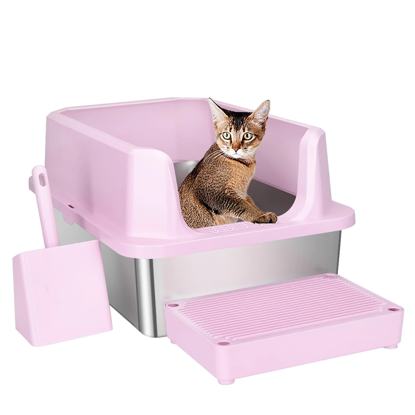 Casual RIZZARI Open Cat Litter Box Large Pink Stainless Steel Pan with Non-Stick Coating Refined