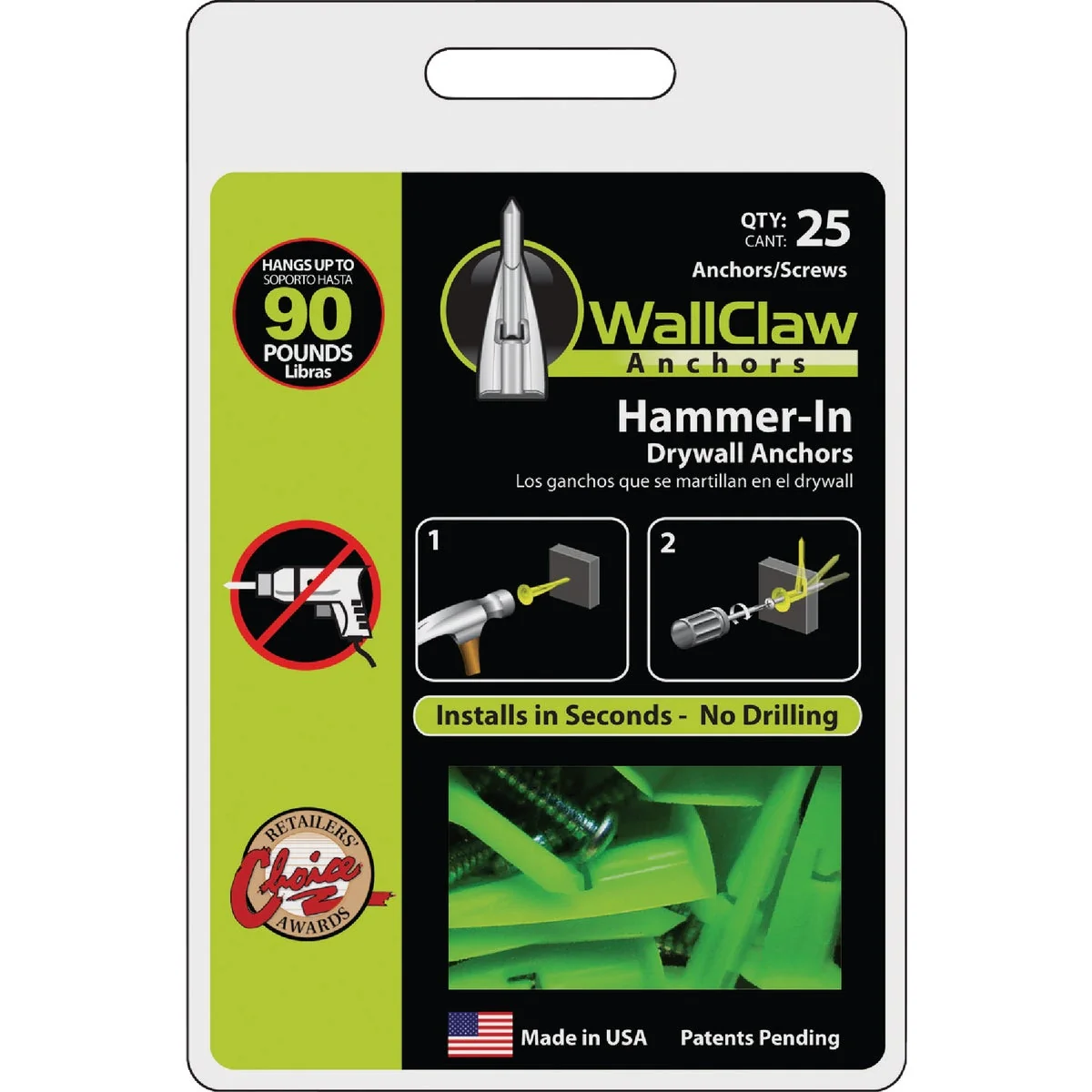 Reusable WallClaw Anchor 8 Thread x 1-1 4 In. Green Drywall Plastic Anchor 25 Ct. Professional