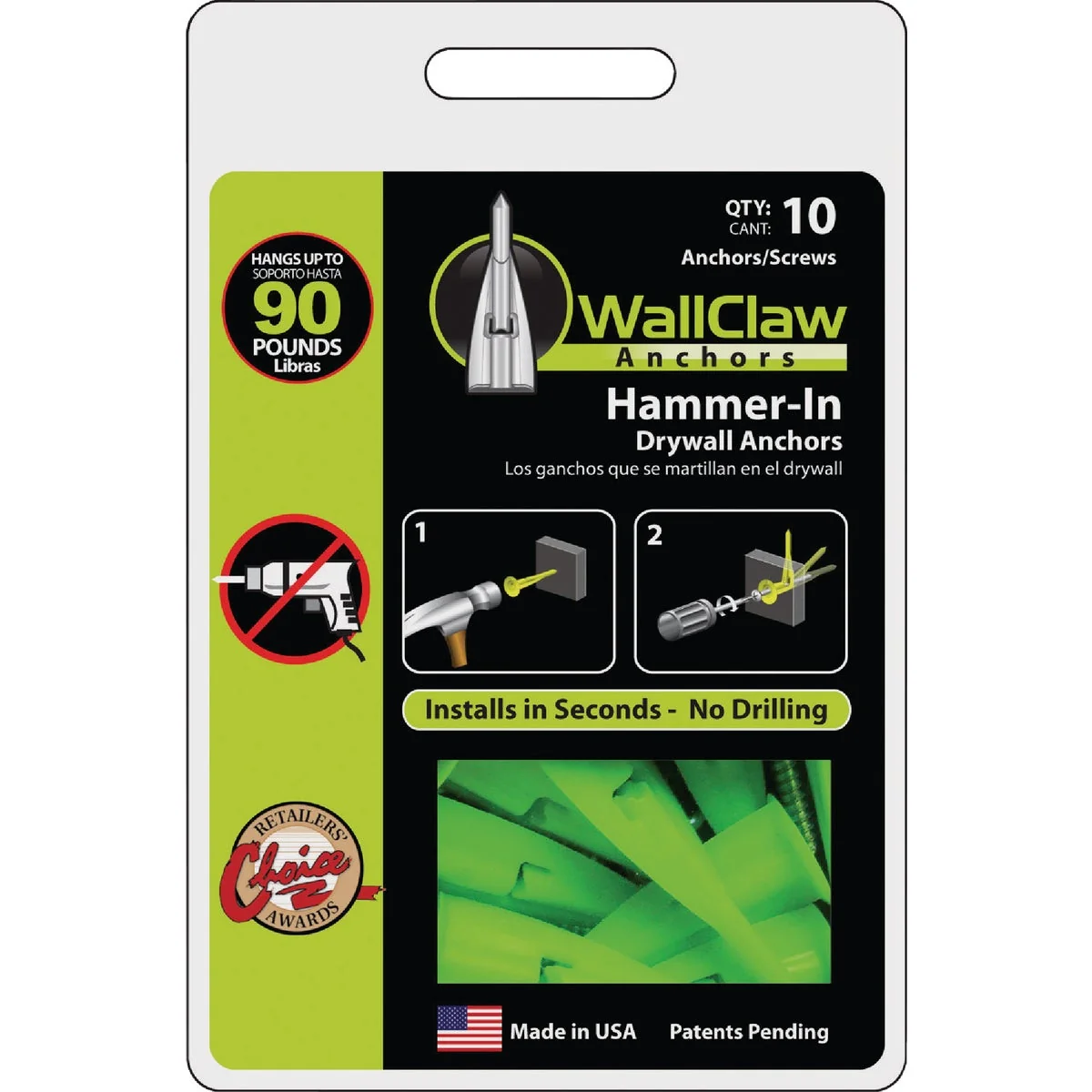 Detailed WallClaw Anchor 8 Thread x 1-1 4 In. Green Drywall Plastic Anchor 10 Ct. Reusable