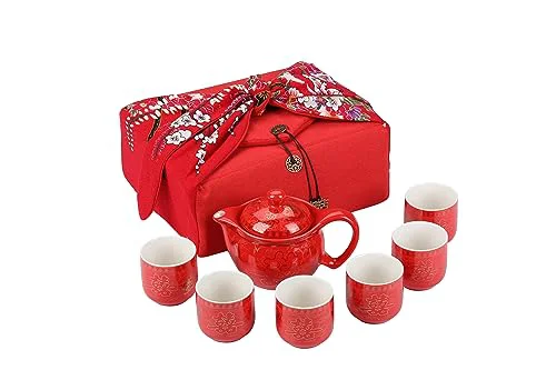 Practical Chinese Tea Set Traditional Red Ceramic with Chinese Teapot and 6 Porcelain Teacups Innovative