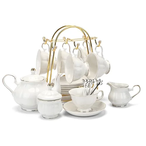 Safe Tea Set 22 Piece Porcelain Ceramic Coffee Tea Gift Sets Cups Saucer Service for 6 Teapot Sugar Bowl Creamer Pitcher and Teaspoons 22 Count Traditional