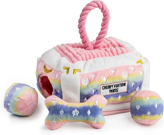 Casual Haute Diggity Dog Pink Ombre Chewy Vuiton Trunk Plush Designer Dog Toys with Interactive Squeaker Stimulating Pet Enrichment Machine-Washable Safe Materials for All BreedsAbout This Original Design