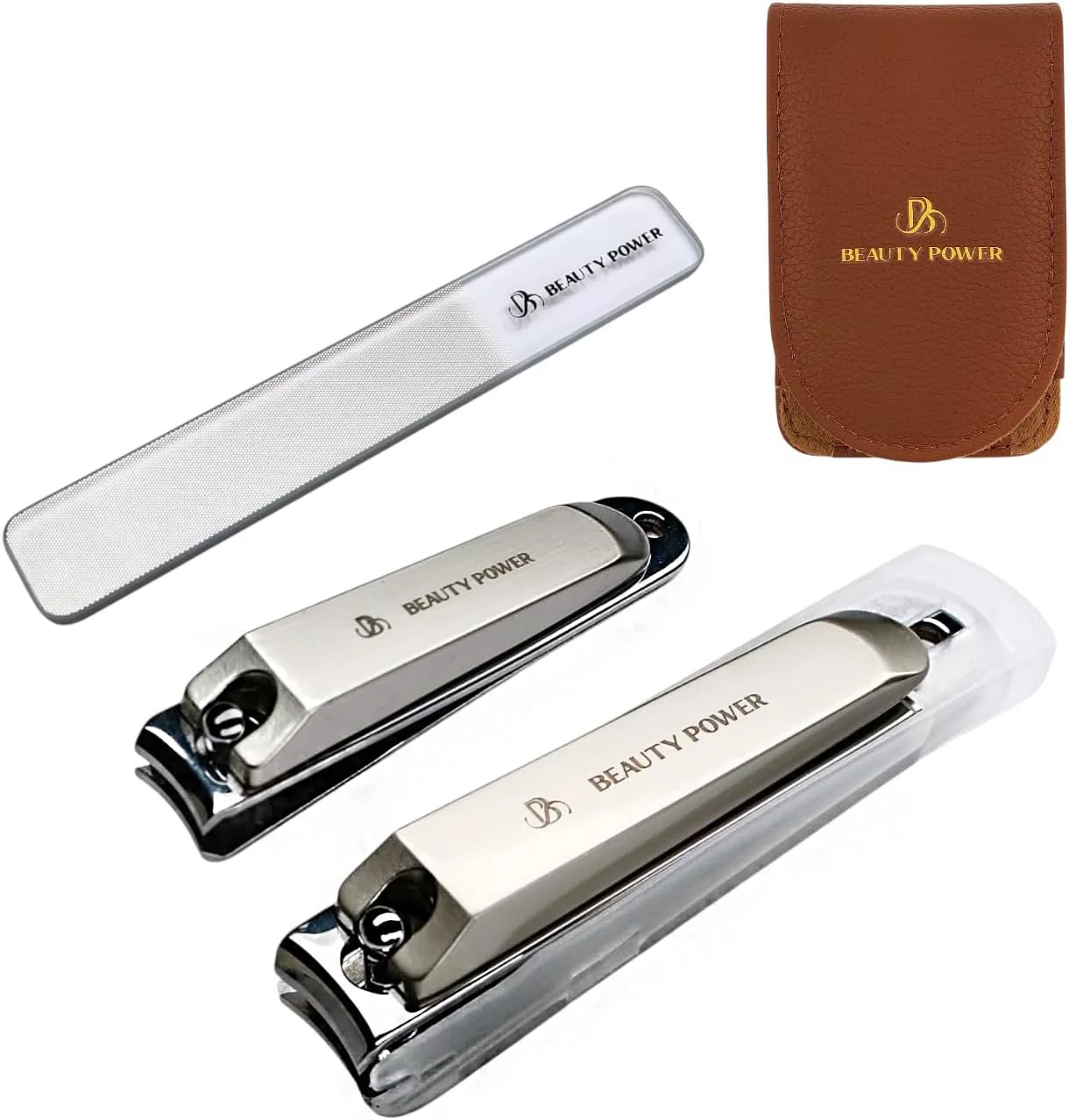 Classic Nail Clippers Set 3 in 1 – Stainless Steel Toe Nail Clippers Fingernail Clipper Glass Nail File Anti Splash Ergonomic Grip in PU Leather Travel Case for Men Women Brown Case Detailed