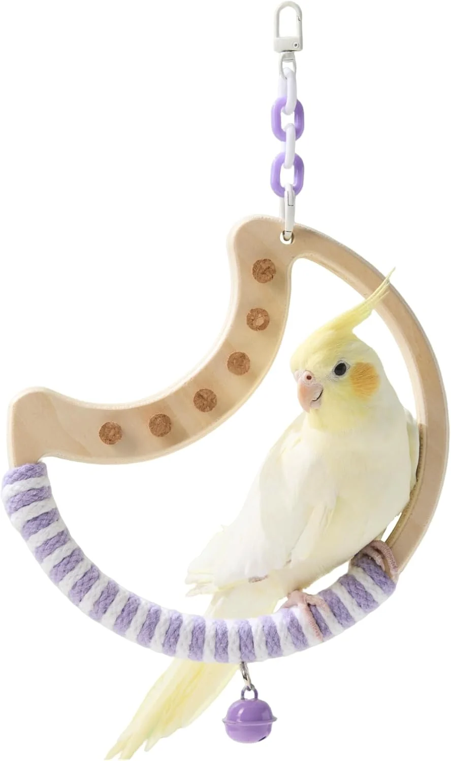 Fine Crafted Natural Bird Swing – Moon-Shaped Parrot Perch with Bell and Cork Toys Spinning Wooden Stand for Parakeets Budgies Lovebirds and Small Medium Birds White Purple High-Performance