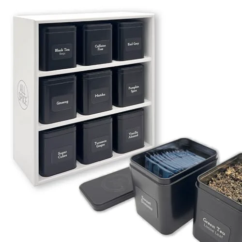 Verified Tea Organizer Rack with 9 Tins 160 Magnetic Labels Quality