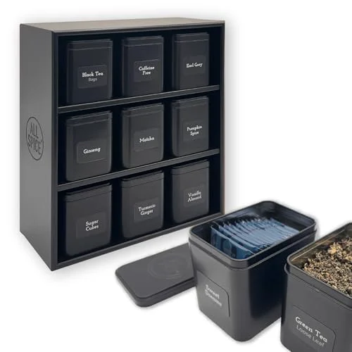 Natural Tea Organizer Rack with 9 Tins 160 Magnetic Labels Superior