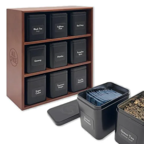 Natural Tea Organizer Rack with 9 Tins 160 Magnetic Labels 9 Compartments Smart