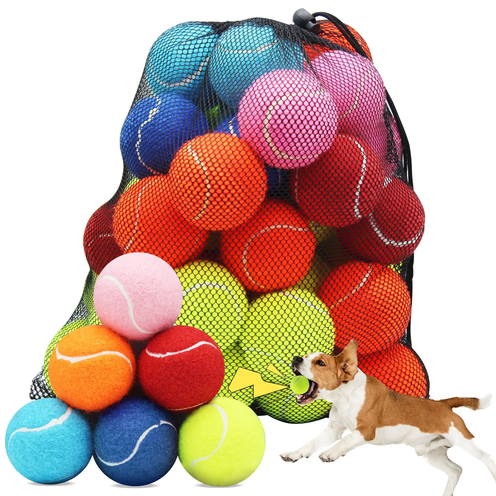 Enhanced Swingers Squeaky Tennis Balls for Dogs — 2.5-Inch Training Balls 60-Pack with Mesh Carry Bag Sophisticated