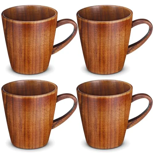 Breathable 4 Pcs Wooden Coffee Mugs 10 oz Handmade Wood Vintage Rustic Tankard Viking Stein Beer Cups for Coffee Tea Beer Gift for Family Men Dad Friend Drink Tea or Home Outdoor Use 4 Count Modern