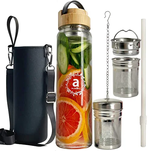 Premium Material 32oz Borosilicate Glass Water Bottle with Bamboo Lid and 2 Tea Infuser Sets for Fruit Infused Water and Cold Brew Coffee Natural
