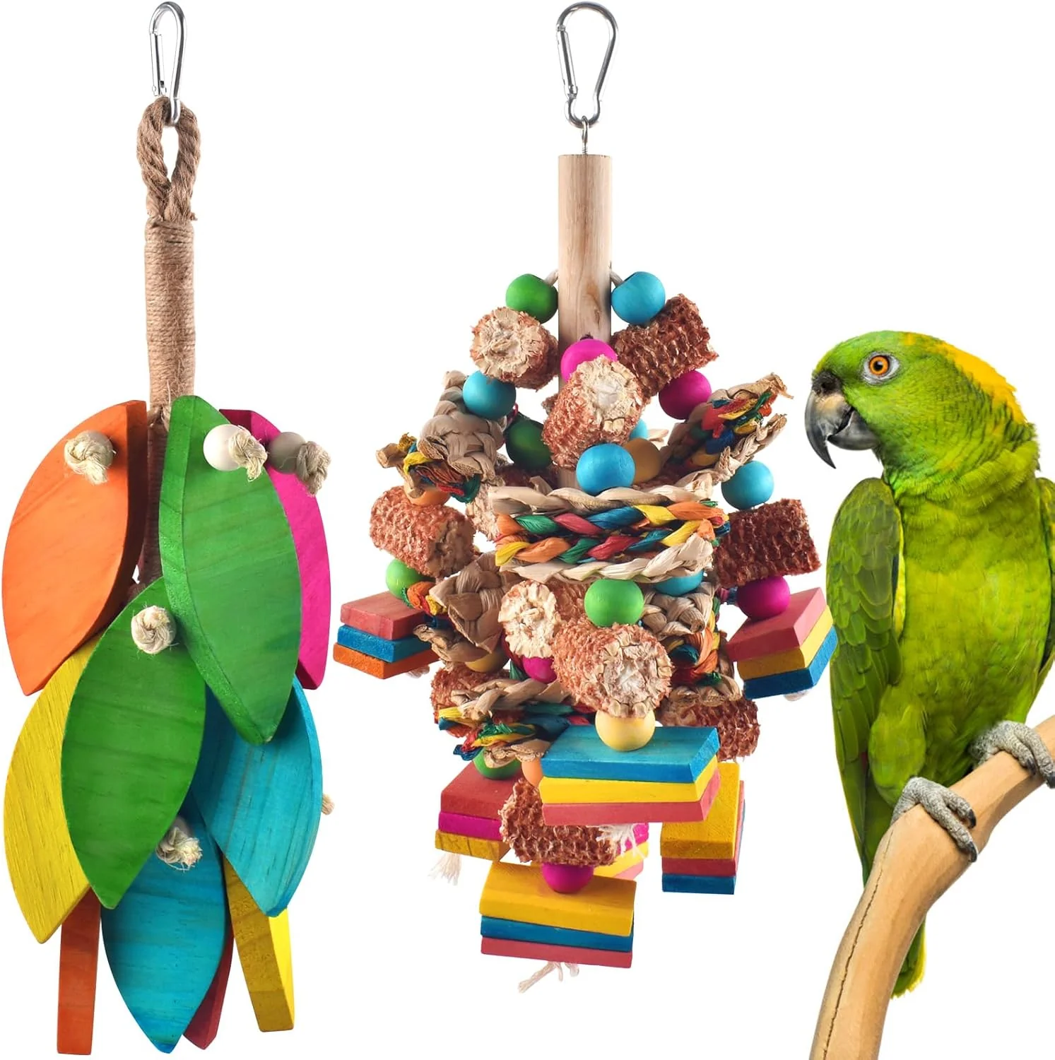 Premium 2 Pcs Large Bird Toys Natural Corn Cob Parrot Chew Toy Multicolored Leaf-Shaped Chewing Wood Blocks for Large and Medium-Sized Macaws Cockatoos Amazon Parrots African Grey High-Performance