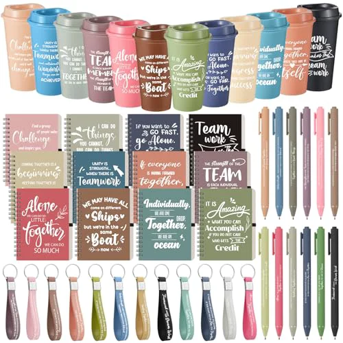 Premium 12 Set 48 Pcs Team Appreciation Gifts Bulk Team Thank You Gift Set 16 oz Coffee Cups Thank You Mini Spiral Notebooks Pens Keychains for Staff Teacher 48 Count Casual