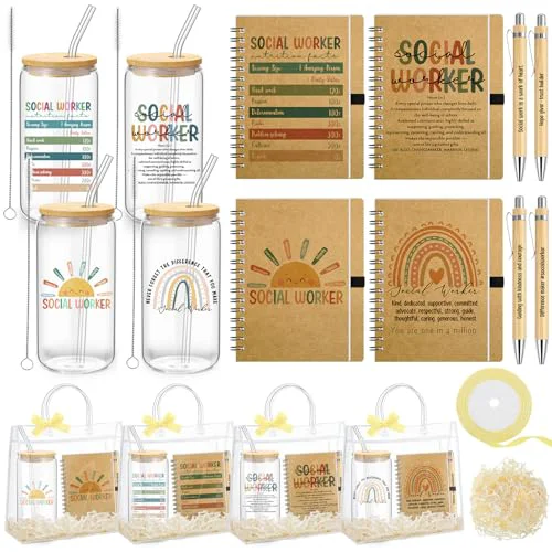 Exceptional 12 Pcs 4 Sets Social Worker Appreciation Week Gift Bulk Included 16oz Glass Coffee Cup with A6 Spiral Notebook Journal Pen for Graduation Gift for Bsw Msw Dsw Women Coworker Office Supplies 4 Count Smooth
