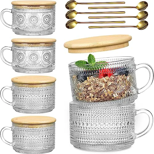 Modern 6 Pack 14oz Vintage Glass Coffee Mugs with Bamboo Lids and Spoons 6 Count Comfortable