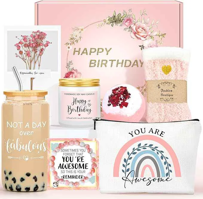 Classic Birthday Gifts for Women Unique Happy Birthday Gifts Ideas for Her Pink Friendship Gift Box for Woman Present Baskets for Mom Gift Set for Daughter Sister ie Girlfriend Coworker Aunt Friend Female Eco-Friendly