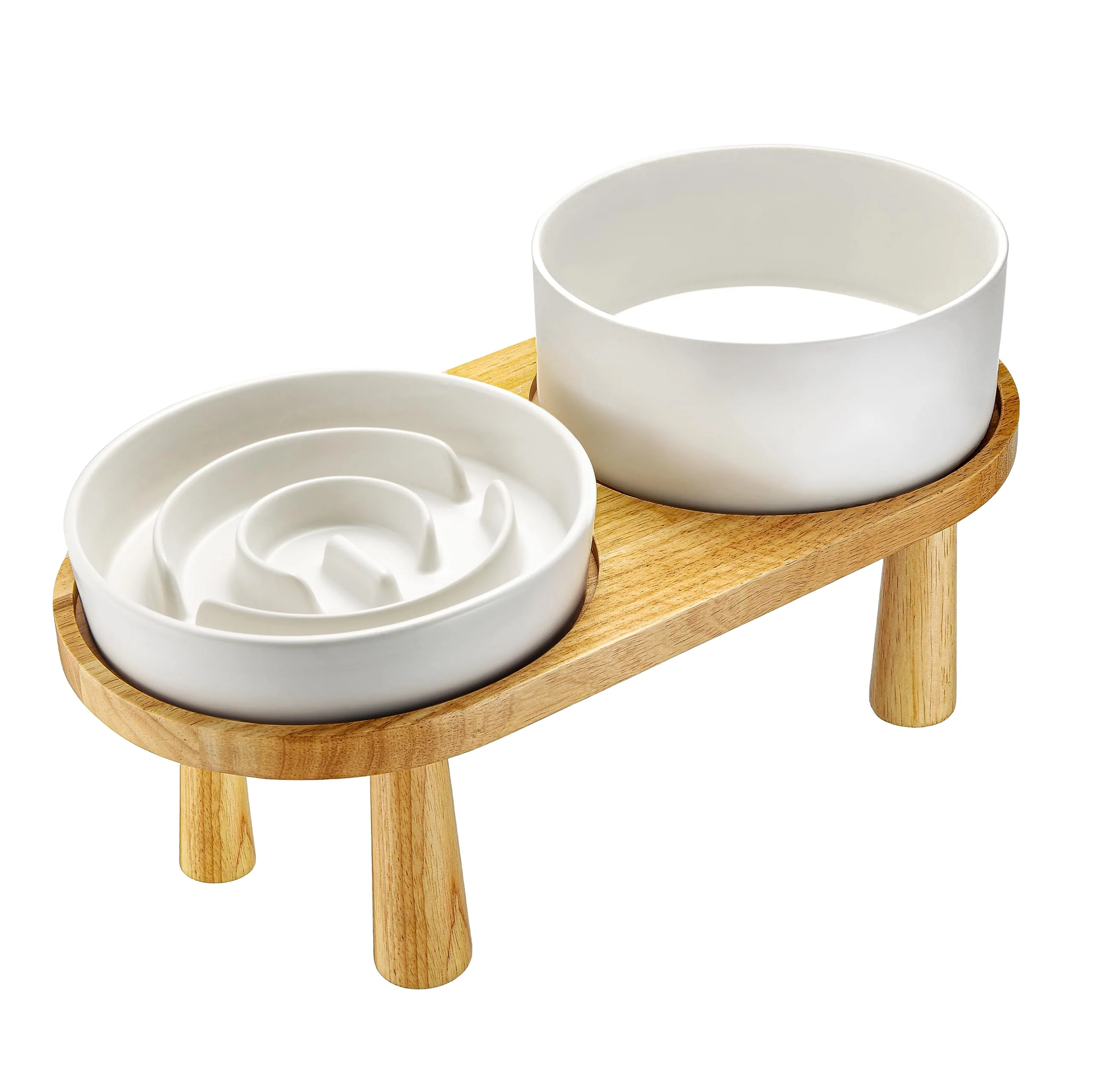 Fine MOPANG Ceramic Slow Feeder Water Bowl Set – d 8-inch Ceramic Bowls on Wooden Stand 30 oz 70 oz for Medium Large Dogs Minimalist