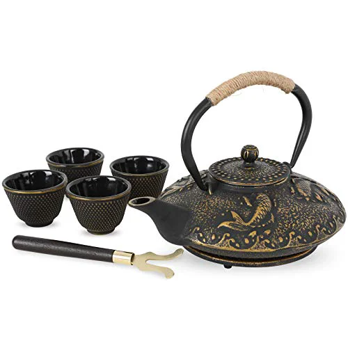 Fashionable Koi Fish Cast Iron Teapot Set Stove Top 26 oz Tea Kettle with 4 Cups Organic