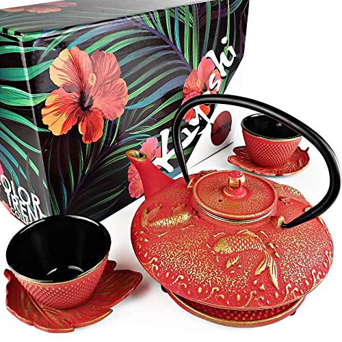 Easy-to-Use Red Koi Cast Iron Tea Set Green