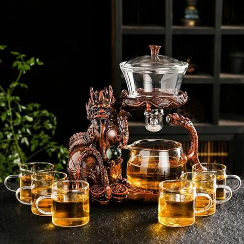 Pure Glass Teapot Set with Infuser Semi Automatic Dragon Tea Set with 6 Small Cups Top-Quality
