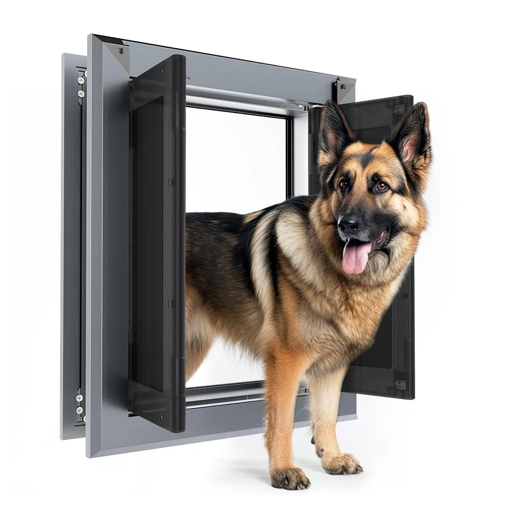 Detailed PATAPLUS Aluminum Large Dog Door with Double Magnetic Flaps Heavy-Duty Up to 110 LBS Traditional