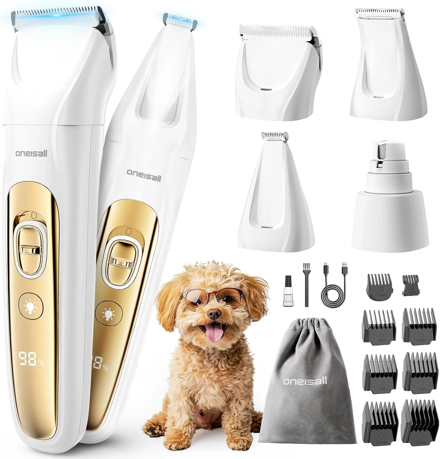Easy-to-Use oneisall Quiet Dog Grooming Kit 4 in 1 LED Light Dog Nail Grinder 2000mAh Pet Grooming Clippers Paw Trimmer for Paw Nail Face Ears Legs Body with Storage Bag Expertly Made
