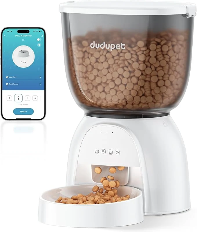 Pure Automatic Cat Feeder 5G WiFi Automatic Pet Feeder with App Remote Control 5L Cat Dry Food Dispenser Dual Power 10 Meals Programmable 1-15 Portion Control Auto Cats Feeders for Indoor UseAbout ThisOverview Optimized