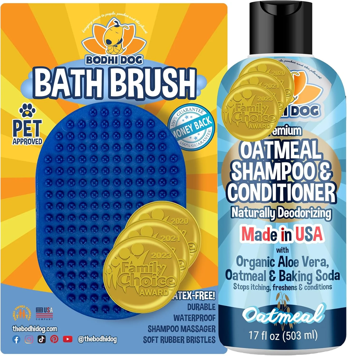 Lightweight Bodhi Dog Grooming Bundle – Oatmeal Shampoo Conditioner with Bath Brush – Pet Shower Supplies for Dogs and Cats – Gentle Care for Long Short Curly Hair Safe and Effective Made in USA Classic